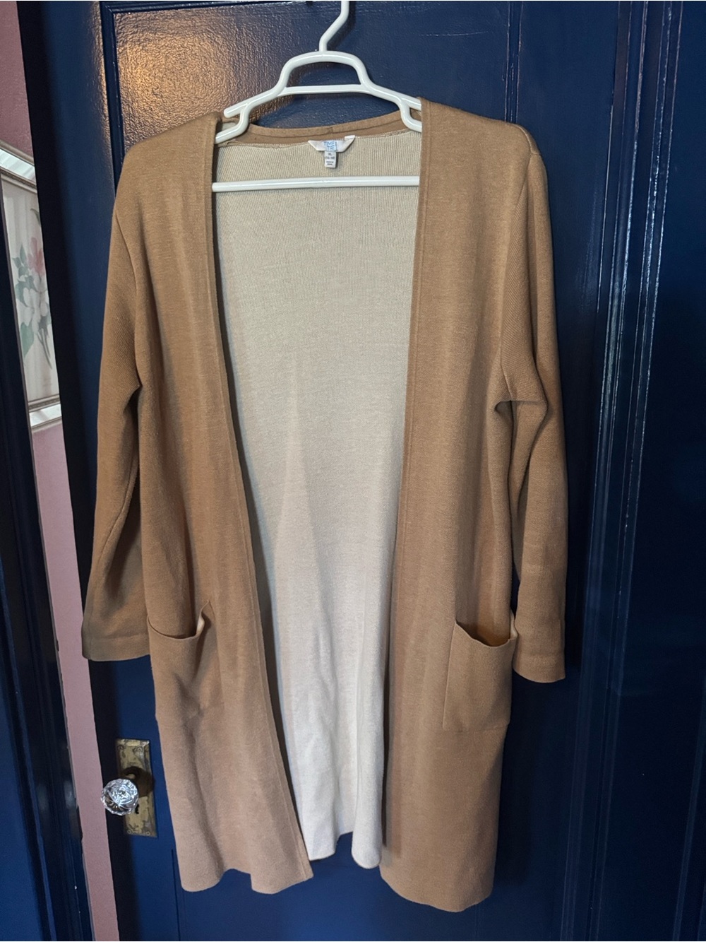 Time and Tru Tan Open-Front Long Cardigan with Front Pockets